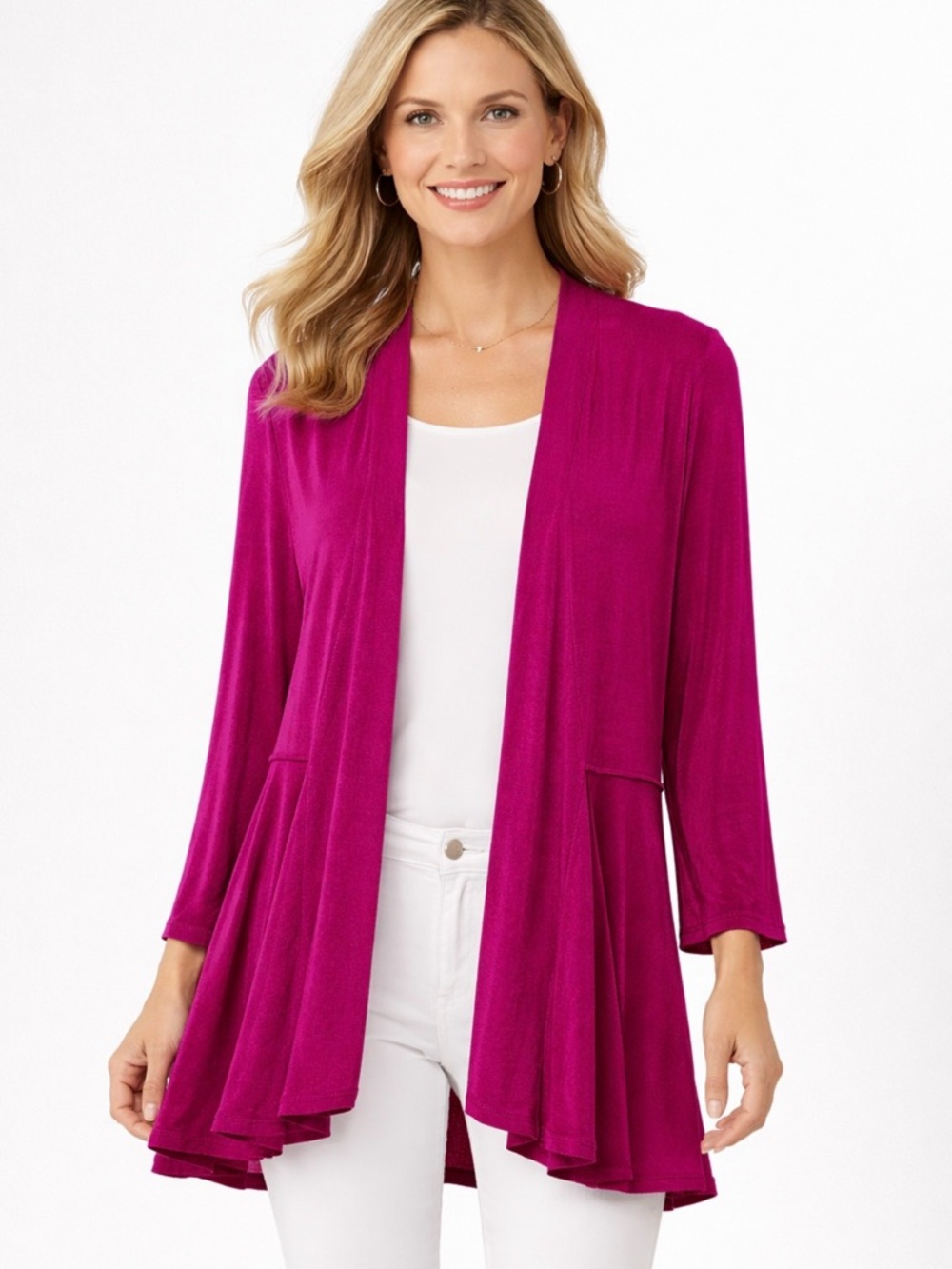 Chico's Travelers Women's Jacket Fushcia Peplum Open Front Cardigan Size 3 (XL)